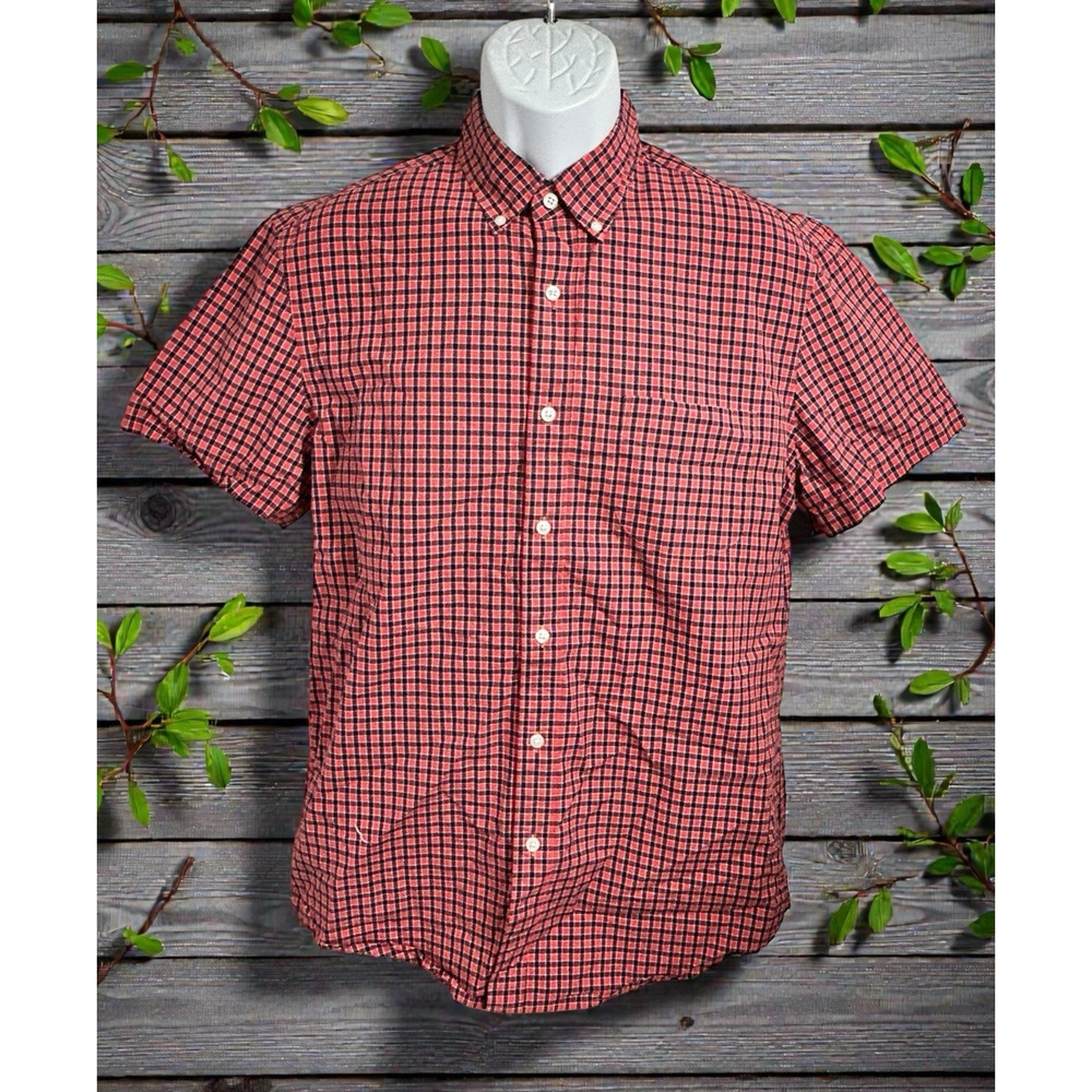 Men's J. Crew Plaid Button Front Shirt Sz M Short Sleeve 100% Cotton Red Blue